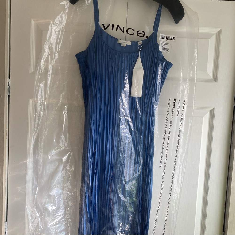 NWT Vince Crushed Satin Pleated Tie-Waist Slip Midi-Dress - Picture 8 of 9